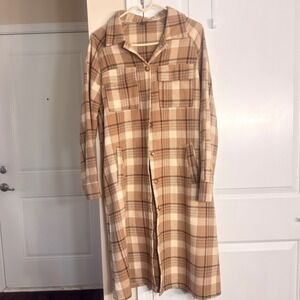SHEIN Plaid Longline Shacket Brown Tan Button Front Shirt Jacket Size XS